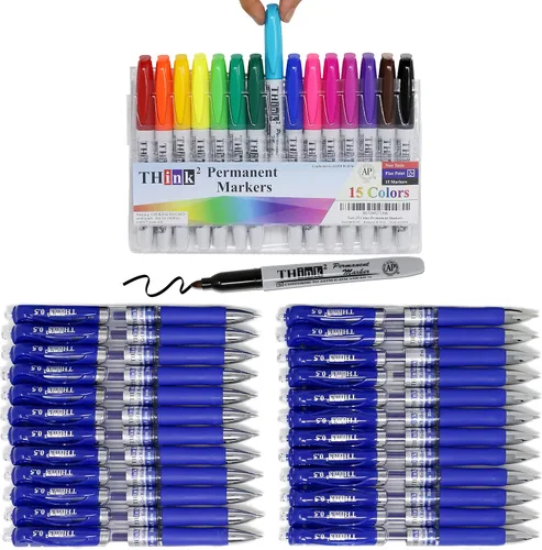 THINK2MASTER [24 bolígrafos – Bolígrafos de gel retráctiles Think2 de tinta azul y 15 marcadores – 15 colores] Marcadores permanentes Think2 con
