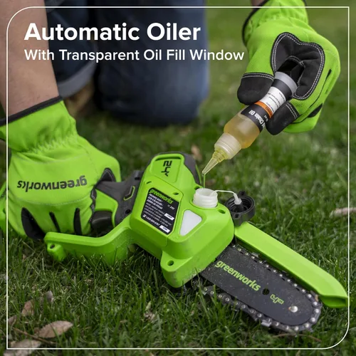 Miniatura 6 de Greenworks Mini motosierra sin escobillas de 24 V y 4 pies (engrasador automático, tensión sin herramientas, ultraligera), batería y cargador