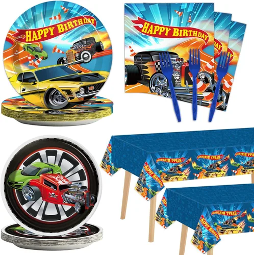 98 piezas de decoración de fiesta de coches de carreras para 24 invitados, juego de vajilla de coche de carreras, servilletas, mantel, suministros