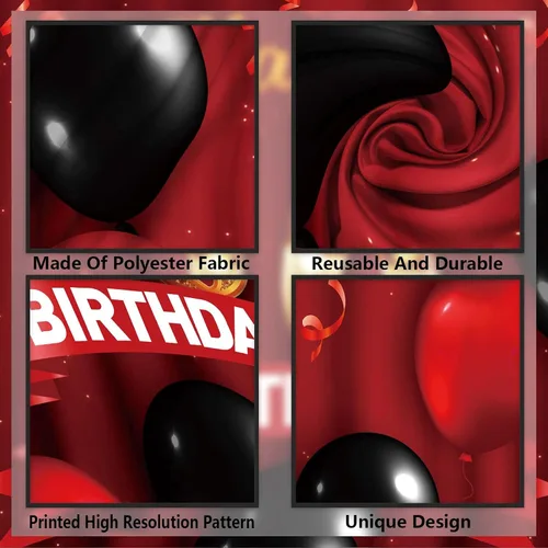Miniatura 3 de Cartel rojo de feliz cumpleaños 18 años, telón de fondo dorado con globos rojos y negros, decoración temática para niñas y mujeres, princesa de 18