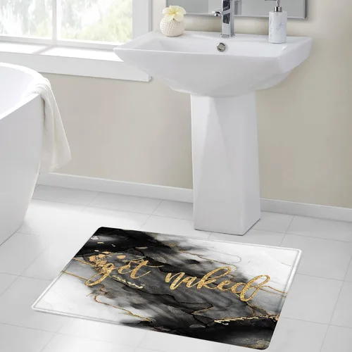 Miniatura 4 de LB Alfombra de baño de mármol negro y dorado, con cita divertida, antideslizante, diseño geométrico abstracto, tapete de espuma viscoelástica, súper
