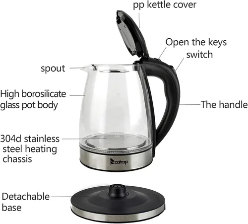 Miniatura 5 de Hervidor de té eléctrico de vidrio de 1.8 L, hervidor de agua eléctrico de hervido rápido, caldera de agua caliente y calentador de té, con luces