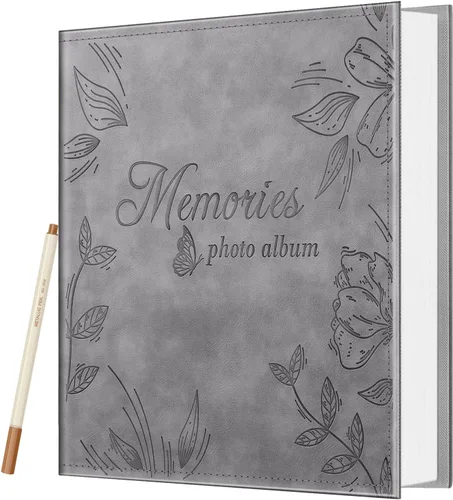 Fintie Álbum de fotos autoadhesivo para fotos de 3 x 5, 4 x 6, 5 x 7, 6 x 8, 8 x 10, 60 páginas adhesivas con un bolígrafo metálico, libro de Gris