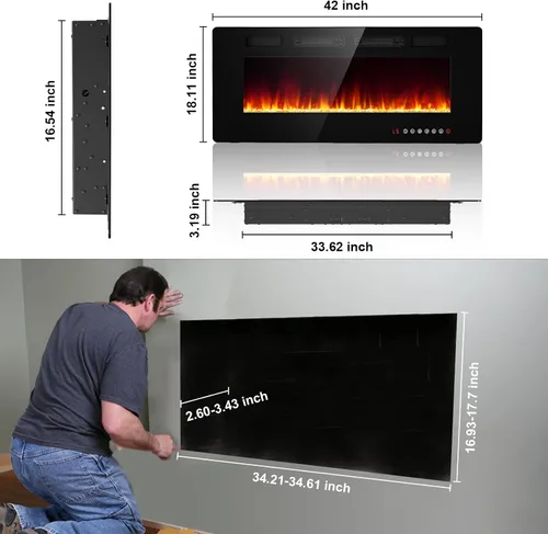 Miniatura 6 de BREEZEHEAT Inserto de chimenea eléctrica ultrafino de 42 pulgadas, certificado ETL, empotrado/montaje en pared, llama 3D con cristal, control remoto