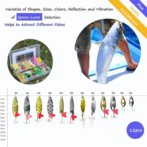 Miniatura 4 de EXAURAFELIS Juego de señuelos de pesca, kit de señuelos para lubina, trucha, salmón, agua dulce, equipo de aparejos de pescado, incluye cuchara