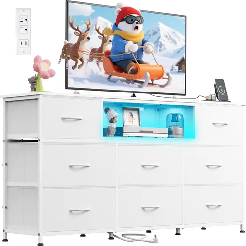 Miniatura 14 de WLIVE Soporte de TV negro para TV de 50, 55, 65 pulgadas, centro de entretenimiento con luces LED y estación de carga, cómoda con 8 cajones de tela