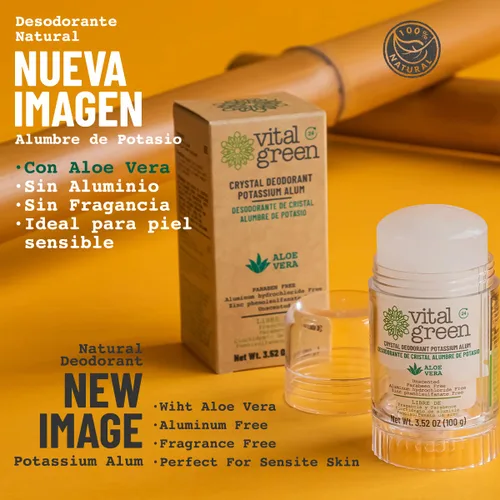 Miniatura 2 de Vital Green Crystal Potassium Alum Desodorante con Aloe Vera – Desodorante mineral sin perfume para pieles sensibles – 3.53 oz / 100 g (3 unidades)