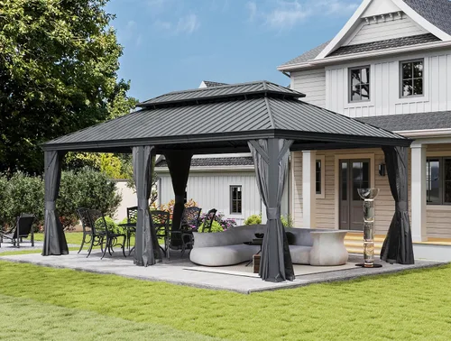 Miniatura 42 de Domi - Cenador de techo rígido de 8 x 8 pies con malla y cortinas, cenador para exteriores con techo doble de acero galvanizado para patio, césped