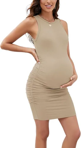 Miniatura 4 de Moyabo Vestido sin mangas de maternidad, vestido ajustado de verano fruncido lateral para uso diario o baby shower