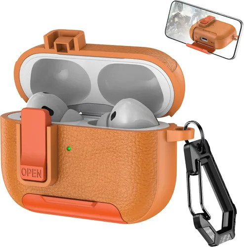 Miniatura 8 de Funda de cuero con clip de bloqueo para AirPods Pro 2ª/1ª con mosquetón, soporte de carga inalámbrica con soporte, cubierta de protección resistente