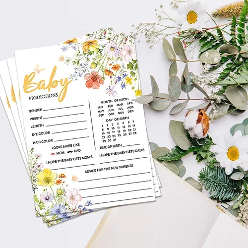 Miniatura 5 de 50 tarjetas de predicción de bebé para juegos de baby shower, tarjetas de deseos y consejos de flores silvestres con caja para decoraciones de baby