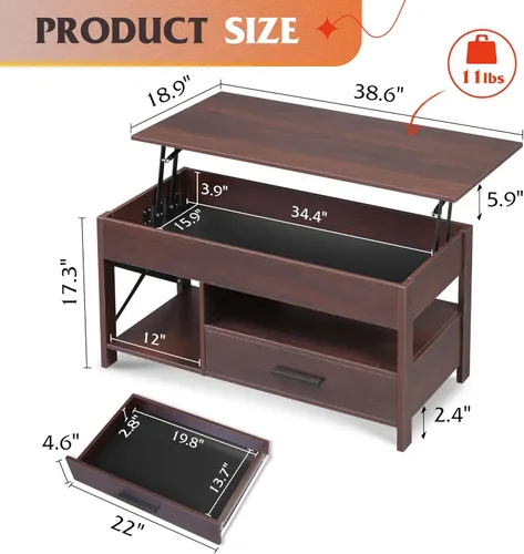Miniatura 3 de WLIVE Mesa auxiliar elevable, mesa auxiliar de 39 pulgadas con cajones de almacenamiento, compartimento oculto, mesa central de madera para sala