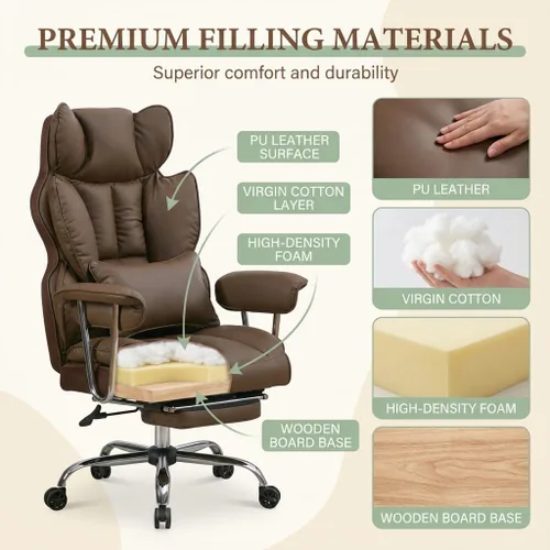 Miniatura 3 de Silla de oficina grande y alta de 400 libras, silla de escritorio ejecutiva resistente con reposapiés, silla ergonómica de piel sintética con marrón