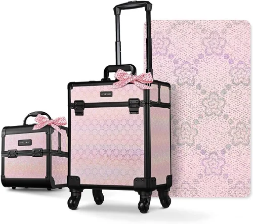 Miniatura 66 de BYOOTIQUE estuche rodante para maquillaje 4 en 1, con cerradura, maletín tipo trolley para cosméticos, con 4 ruedas extraíbles, organizador de viaje
