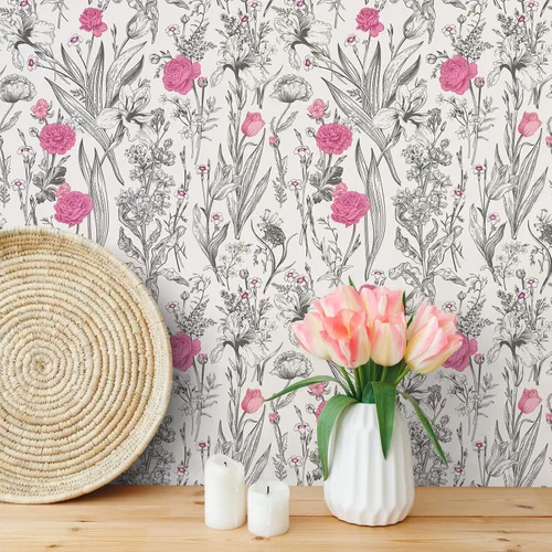 Miniatura 2 de VEELIKE Papel tapiz de dibujo floral gris para despegar y pegar, papel tapiz de flores rosas de 17.7 x 118 pulgadas, papel de pared botánico vintage