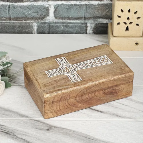 Miniatura 6 de Ajuny Caja de almacenamiento decorativa de madera tallada a mano para joyas, caja de arte, organizador de almacenamiento con diseño de cruz blanca