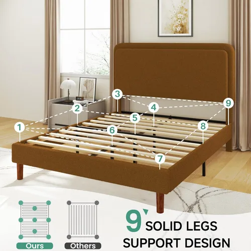 Miniatura 8 de Marco de cama tapizado Boucle de tamaño matrimonial con cabecera ajustable, plataforma de nube, patas de madera maciza, no necesita somier, fácil