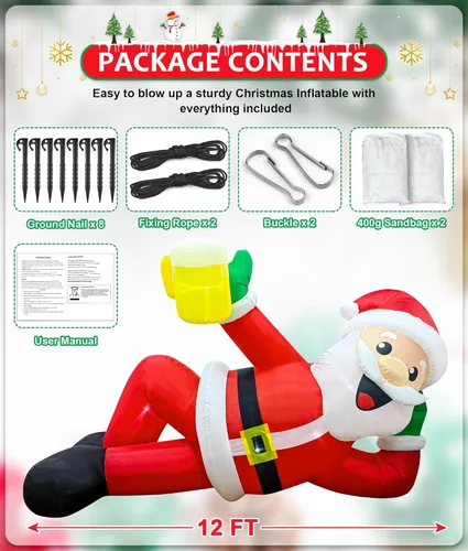 Miniatura 5 de EAONE Decoración inflable de Navidad de 12 pies para exteriores, decoración de patio inflable gigante de Papá Noel tumbado plano con luces LED