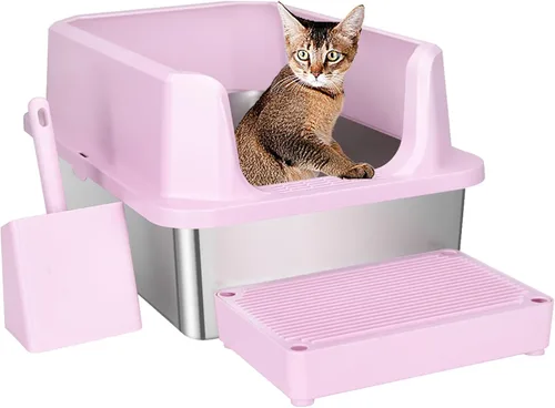 Miniatura 10 de RIZZARI Caja de arena cerrada extragrande para gatos, bandeja de arena de acero inoxidable rosa con diseño antifugas, superficie antiadherente fácil