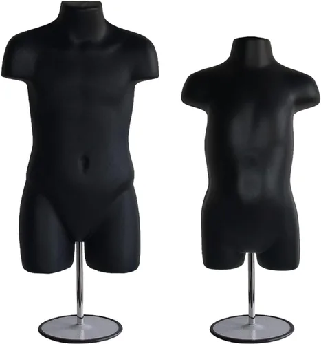 Miniatura 7 de 4 formas de maniquí negro con soportes de metal - Juego de maniquíes colgantes de torso largo para hombre, mujer, niño y bebé con cadera