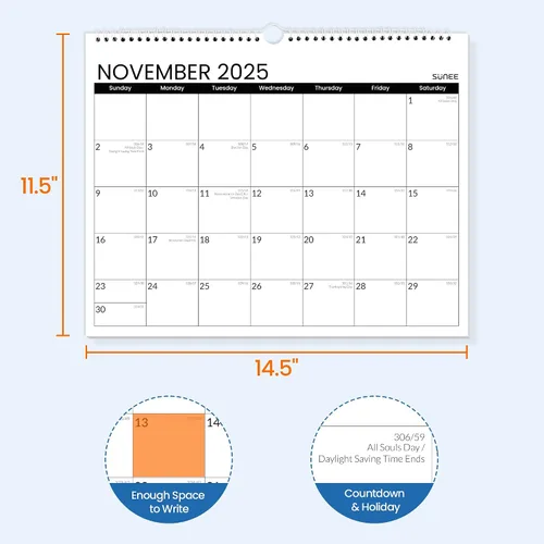 Miniatura 2 de SUNEE Calendario de pared 2026 de 18 meses, octubre de 2025 a marzo de 2027, 14.5 x 11.5 pulgadas, cuadrícula grande para colgar con papel grueso