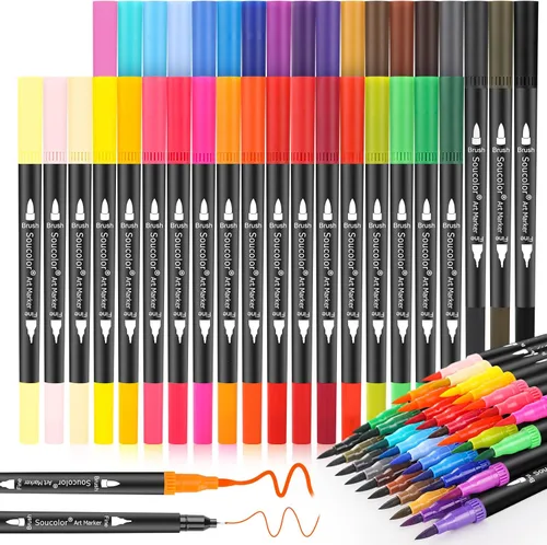 Soucolor Rotuladores de pincel artístico para libros de colorear para adultos, 36 colores numerados de doble punta (pincel y punta fina), rotulador