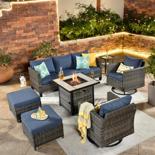 Miniatura 37 de ovios Juego de muebles de patio de 7 piezas con mesa cuadrada para hoguera, sillas mecedoras giratorias, juego de conversación de mimbre de respaldo