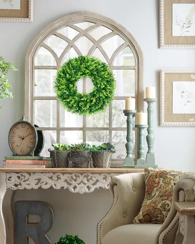 Miniatura 6 de DDHS Corona de boj de 18 pulgadas para puerta principal – Corona artificial verde de casa de campo, decoración DIY para primavera, verano, otoño e
