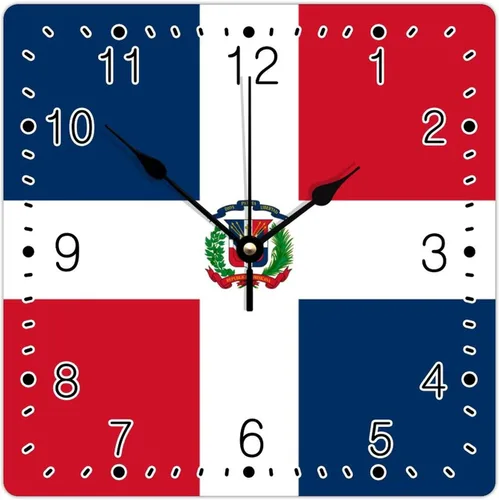 Relojes de pared cuadrados de madera con bandera nacional de la República Dominicana con números arábigos, reloj silencioso sin tictac, funciona con