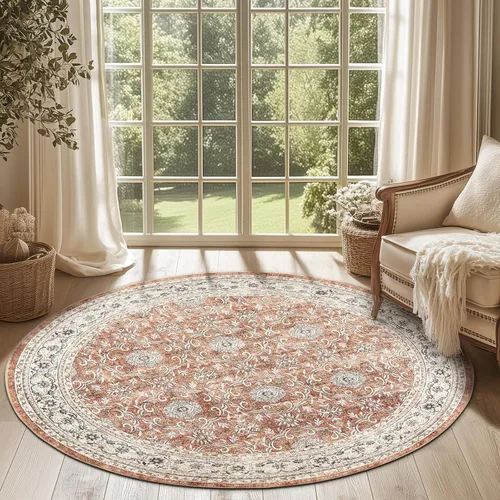 Miniatura 182 de Jinchan Fiora - Alfombra redonda de 8 pies, alfombras vintage con diseño floral envejecido, lavable a máquina, antideslizante, de pelo bajo, Azul