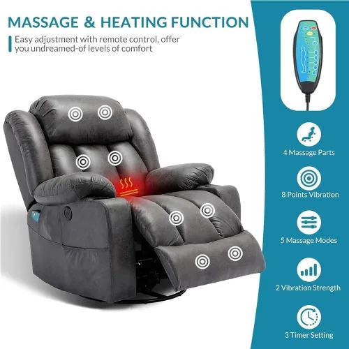 Miniatura 3 de Power Swivel Glider Recliner with Lumbar Heat & Vibration Massage, Large Electric Rocking Chair with USB Ports, Cup Holder & Side Pockets – Home