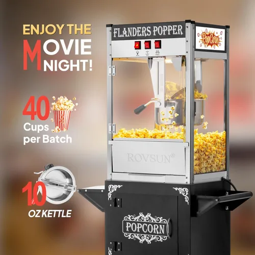 Miniatura 2 de Máquina de palomitas de maíz ROVSUN estilo cine con carrito y ruedas, hervidor de 10 onzas, hace hasta 4 galones, con cuchara para palomitas, Negro