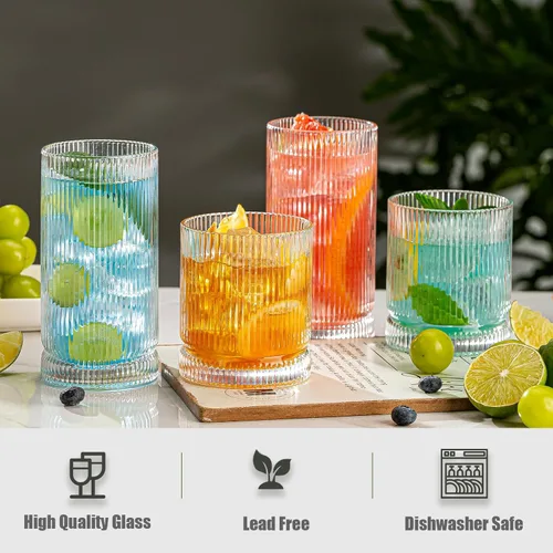 Miniatura 5 de Vasos para beber, juego de 8 vasos de vidrio estilo origami, 4 vasos altos de 15 onzas y 4 vasos de 12 onzas, tazas de mojito, copa de cóctel