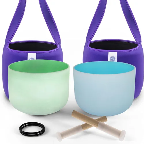 FMTY Juego de cuencos de cristal de 10 pulgadas, tono perfecto (± 10 HZ), verde (corazón) + azul (garganta) con bolsa de transporte, cuencos de