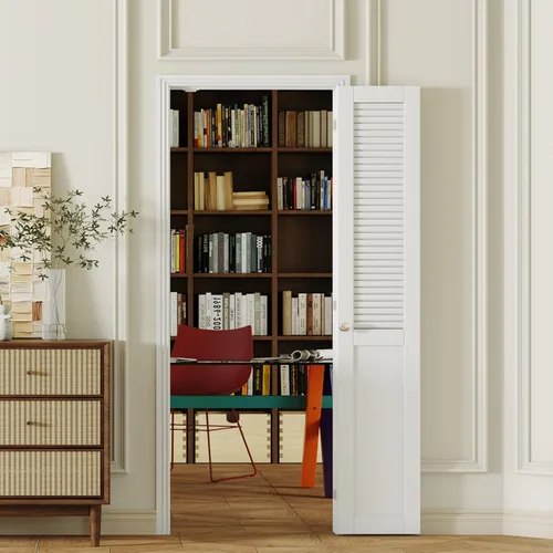 Miniatura 39 de Puerta plegable de 180 grados, para aberturas de 30 ″ x 80 ″, puerta plegable esmerilada blanca 3-Lite con bisagras, juego de herrajes para puertas
