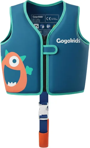 Miniatura 13 de Gogokids Chaleco de natación para niños de 1-2-3-5-7-9 años, chaqueta de natación de neopreno para niños con correa de seguridad ajustable y Azul