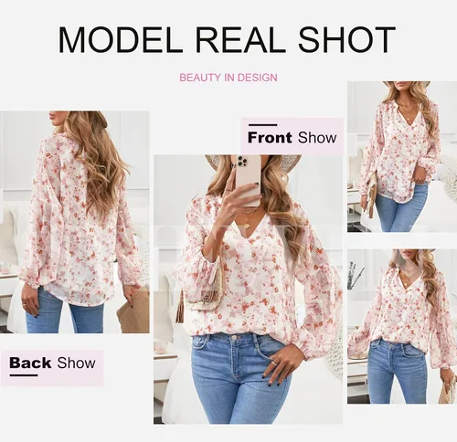 Miniatura 4 de SHEWIN - Blusas casuales, holgadas, de estilo bohemio, mangas largas, con cuello en V y estampado floral para mujer