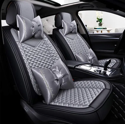Miniatura 12 de Bling - Fundas de asiento de automóvil de seda y cuero retro con celosía, ajuste universal (negro básico)