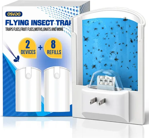 Miniatura 12 de OSVDO Trampa para insectos voladores con luz UV azul, atrapa insectos enchufable con 4 recambios adhesivos durante más de 100 días, atrapa moscas