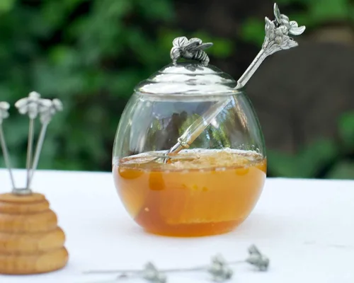 Miniatura 7 de Vagabond House Tarro de cristal de abeja de peltre con cuchara de 5 pulgadas de alto, 12 onzas