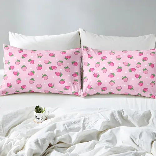 Miniatura 4 de Erosebridal Juego de sábanas de fresa, tamaño individual, diseño de fresa rosa para niñas y niños, sábana bajera ajustable de frutas tropicales