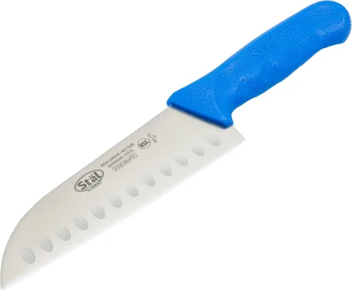 Miniatura 3 de Winco KWP-70U Stäl Stäl - Cuchillo Santoku de 7 pulgadas, hoja de acero inoxidable, borde hueco de Granton, mango de plástico azul