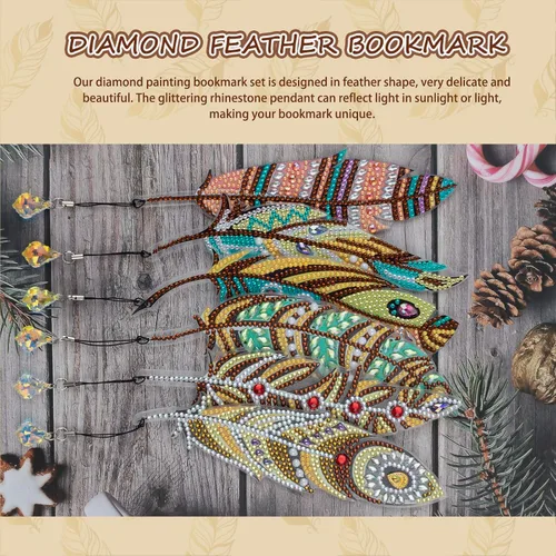 Miniatura 6 de 6 marcapáginas de plumas de pintura de diamantes 5D marcadores de arte de diamantes de hoja y pavo real con diamantes de imitación de plumas de pavo