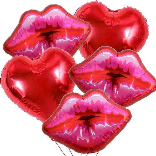 Miniatura 8 de Paquete de 10 globos grandes de labios rojos y rosados, globos de corazón para decoración de fiestas temáticas de maquillaje, aniversario, Kiss the