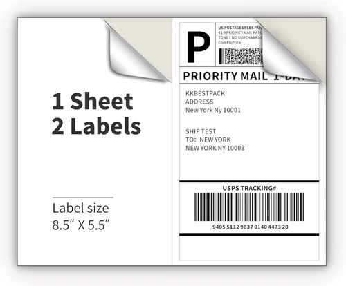 KKBESTPACK Etiquetas de envío de media hoja para impresoras láser y de inyección de tinta, 2 etiquetas de correo autoadhesivas por página, color