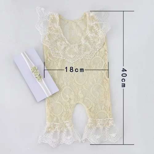 Miniatura 8 de Traje de fotografía para bebé, traje de encaje para recién nacido, sesión de fotos, diadema de flores, disfraz de princesa beige a