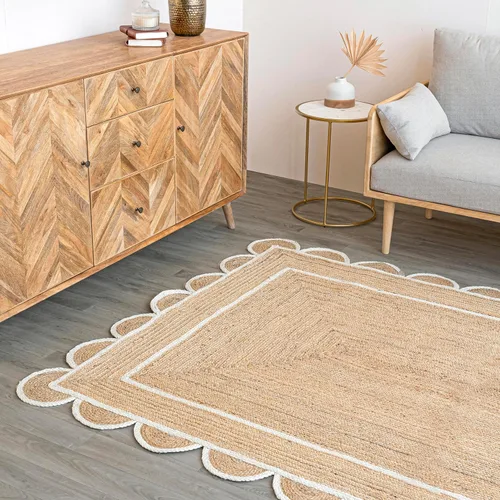 Miniatura 9 de Alfombra festoneada de yute natural, base natural, borde blanco hueso, 2 pies x 6 pies