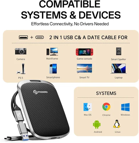 Miniatura 7 de PHIXERO SSD externo portátil de 2 TB hasta 550 MB/s, USB 3.2 Gen 2 USB C a C y A para smartphone/tablet/PC/portátil/cámara (negro)