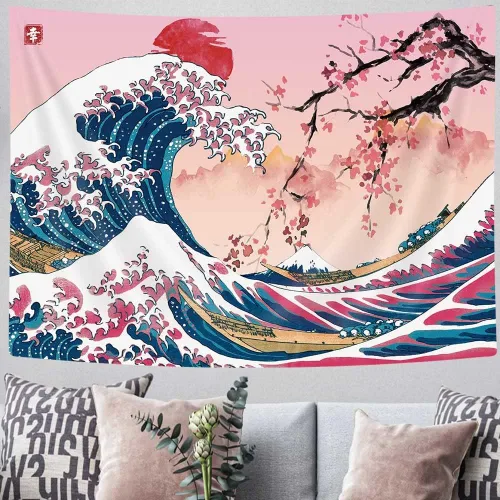 Miniatura 5 de MERCHR Tapiz de pared de flor de cerezo con sol rosa y rojo, olas del océano y escena de montaña, diseño de anime asiático para dormitorio, 60 x 40