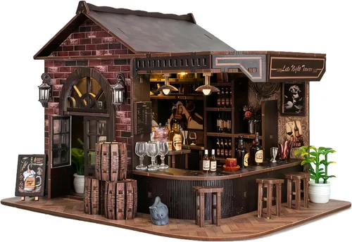Kit de rincón de libros, rompecabezas de madera 3D para bricolaje, casa en miniatura, taberna de esquina de pub vintage con luces LED, mini kit de